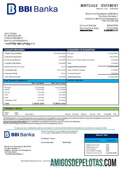 Bósnia e Herzegovina BBI Bank Declaração de hipoteca bancária Scr exemplo